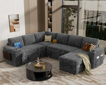 111" Modular Sectional Sleeper Sofa with Pull Out Bed, 7 Seat Chenille L Shaped Couch with USB Ports|Cup Holders|Side Table|Storage Chaise, Tool Free Assembly, Grey