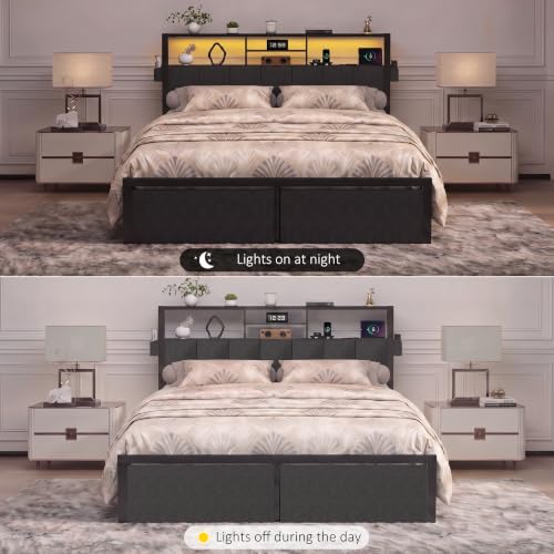 Queen Bed Frame with LED Lights, Storage Drawers and Charging Station, view 8