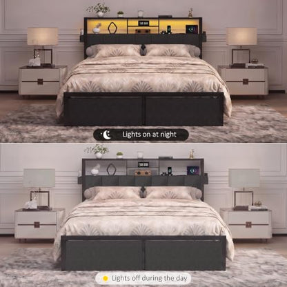 Queen Bed Frame with LED Lights, Storage Drawers and Charging Station, view 8