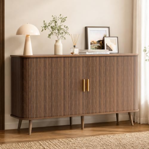 55" Sideboard Buffet Cabinet with Storage & Sliding Door, Walnut, view 4