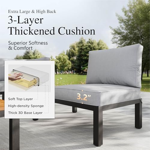 6 Pieces Patio Furniture Set with Cushion, Metal Outdoor Sectional Sofa, Patio Conversation Sets with Wood Side Table, Modular Outdoor Seating Furniture for Backyard Deck Front Porch