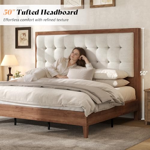 Solid Wood Queen Bed Frame 50.2" Upholstered Headboard, Walnut, view 5