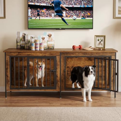63" Double Dog Crate Furniture for 2 Dogs, Rustic Brown, view 2