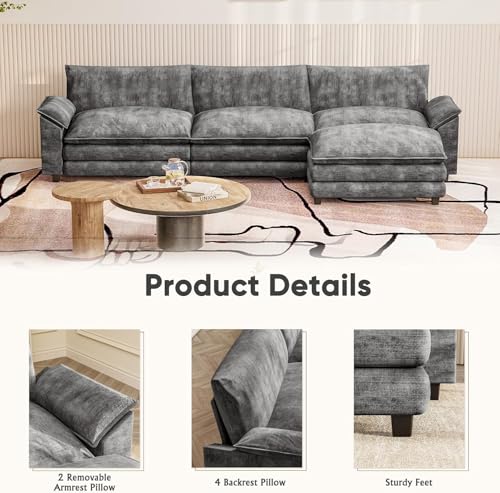 119" Modular Couch 3-Seat Sofa with Reversible Ottoman, Cloud Couch L Shaped Sofa with Deep Seat, Chenille Sectional Couches for Living Room