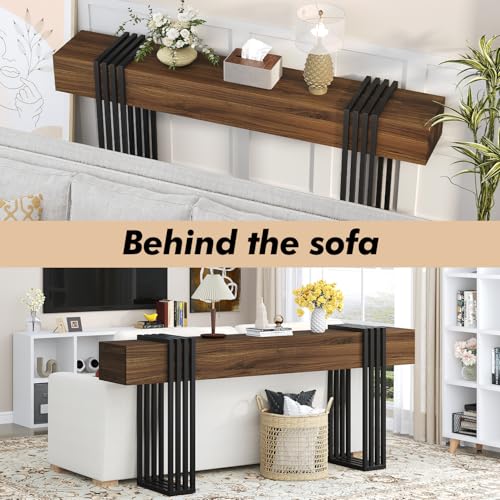 71 Inch Long Console Table, Extra Thick Industrial Sofa Table Behind The Couch Rectangular Entryway Table for Entrance Hallway Living Room, Entire top Board & 4-Pipe Legs, Walnut