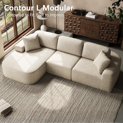 107" Boneless Cloud Couch, Modular Sectional Sofa with Deep Seat & Chaise, No Assembly Sofa-in-Box, Convertible L-Shape for Living Room Apartment, Bouclé, Oatmeal Beige