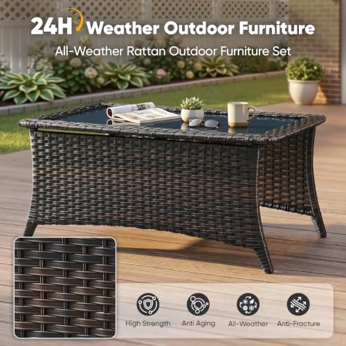 Outdoor Coffee Table with Tempered Glass Top, Patio Rectangular Brown Wicker, view 6