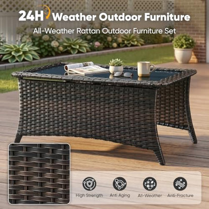 Outdoor Coffee Table with Tempered Glass Top, Patio Rectangular Brown Wicker, view 6