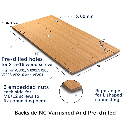 60 x 30 x 1 Inch 100% Solid Bamboo Desk Table Top Only,for Standing Desk Home Office Desk with 60mm Grommets(Right Angle)