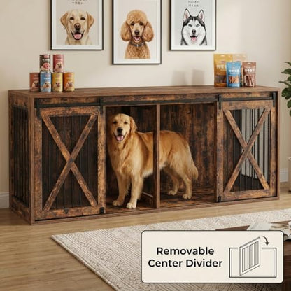 94 Inch Double Dog Crate Furniture for 2 Large Dogs, Rustic Brown, view 6