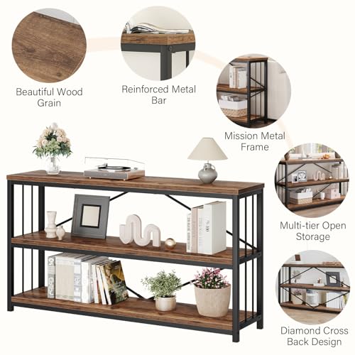 Industrial Console Entryway Table, Metal Wood Rustic Sofa Table with Storage, Farmhouse 3 Tier Shelf Long Hallway Foyer Entry Tables Behind Couch for Home Living Room Entryway, Rustic Brown, 55 In