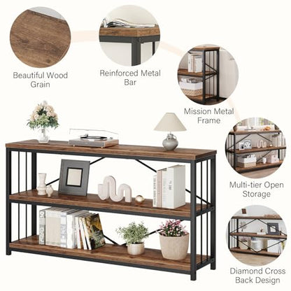 Industrial Console Entryway Table, Metal Wood Rustic Sofa Table with Storage, Farmhouse 3 Tier Shelf Long Hallway Foyer Entry Tables Behind Couch for Home Living Room Entryway, Rustic Brown, 55 In