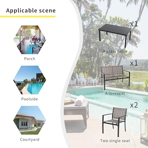4 Pieces Patio Furniture Set All Weather Textile Fabric Outdoor Conversation Set, with Glass Coffee Table, Loveseat, 2 Single Chairs for Home, Garden, Lawn, Porch（Light Brown）