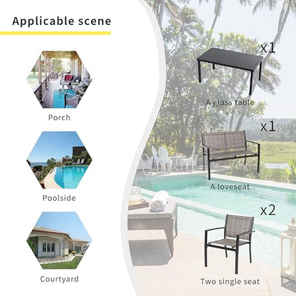 4 Pieces Patio Furniture Set All Weather Textile Fabric Outdoor Conversation Set, with Glass Coffee Table, Loveseat, 2 Single Chairs for Home, Garden, Lawn, Porch（Light Brown）