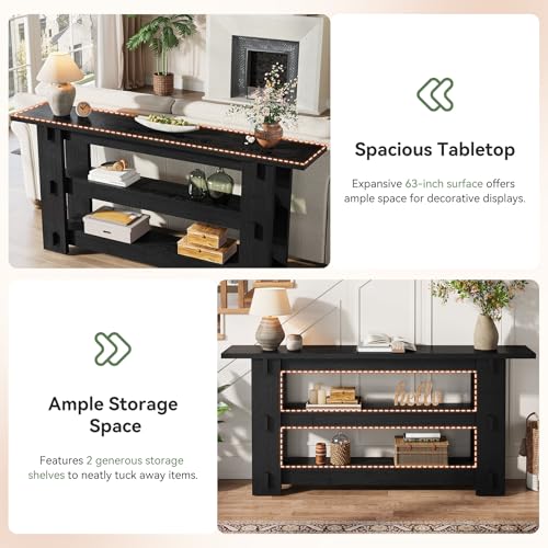63-Inch Solid Wood Console Table, Farmhouse Sofa Table Behind Couch with Storage Shelves, Entryway Furniture for Living Room, Hallway, Foyer, Black