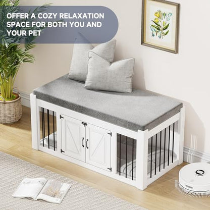 Dog Crate Furniture with Padded Seat, Luxury Wooden Dog Kennel, view 4