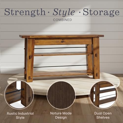 Durango 54-Inch Farmhouse-Industrial Style Wood Console Table with Two Open Shelves, Solid Wood Top, and Natural Grain and Knots – Fits TVs up to 60 Inches in Living Rooms by