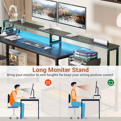 L Shaped Desk with Power Outlet, Reversible L Shaped Computer Desk with File Drawer & Monitor Stand, Gaming Desks with LED Strip, Home Office Desks with Storage Shelf, Grey Oak