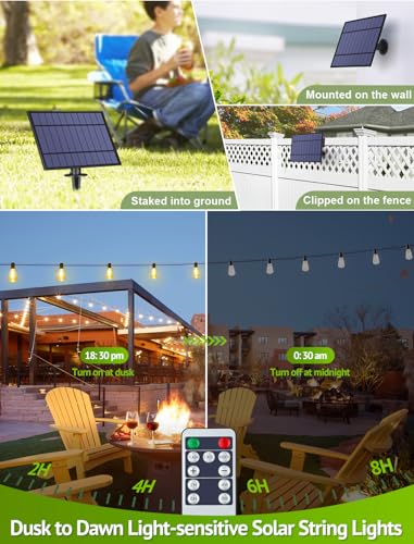 48FT Solar String Lights Outdoor with Remote, Waterproof Dimmable Patio Lights with 15+1 LED ST38 Bulbs 3 Modes Hanging Lighting for Backyard