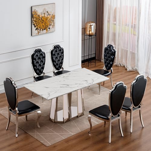 Marble Dining Table for 6 People, 70'' Rectangle Faux Marble Dining Table with Mirrored Stainless Steel Base, Large Size Marble Kitchen Table (Silver,White)(only Table)
