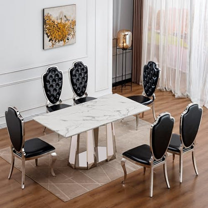 Marble Dining Table for 6 People, 70'' Rectangle Faux Marble Dining Table with Mirrored Stainless Steel Base, Large Size Marble Kitchen Table (Silver,White)(only Table)
