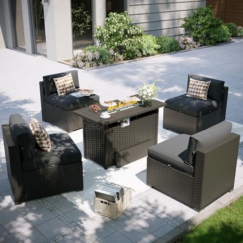 Patio Furniture Set with Fire Pit Table, 5 Piece Outdoor Sectional Sofas, Wicker Rattan Outdoor Furniture with Thickened Cushion for Backyard, Garden Dark Grey
