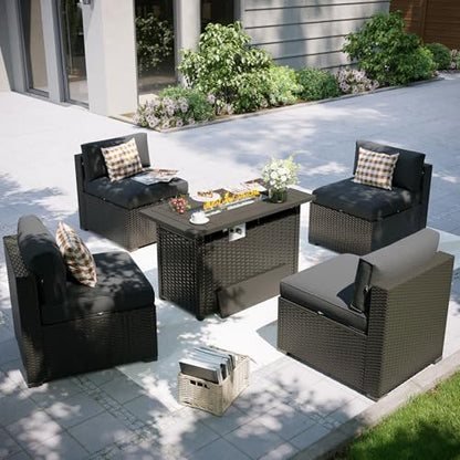 Patio Furniture Set with Fire Pit Table, 5 Piece Outdoor Sectional Sofas, Wicker Rattan Outdoor Furniture with Thickened Cushion for Backyard, Garden Dark Grey