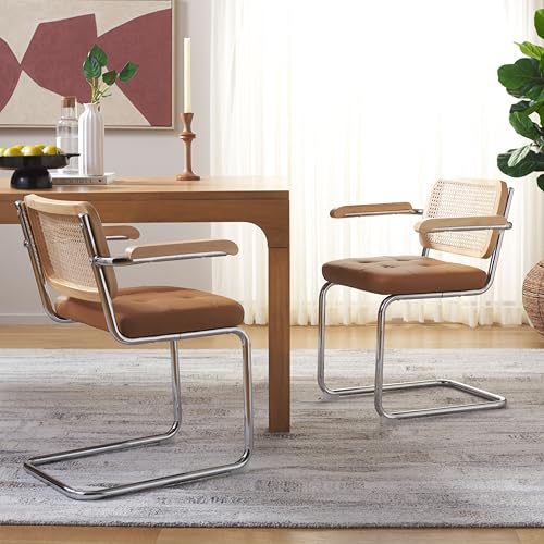 SAFAVIEH Furniture - Coralia Set of 2 Modern Coastal Dining Arm Chairs - Cognac Faux Leather, Natural Rattan & Chrome Cantilever Seating, 19.3" Seat Height (DCH1102A-SET2)