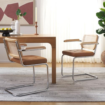 SAFAVIEH Furniture - Coralia Set of 2 Modern Coastal Dining Arm Chairs - Cognac Faux Leather, Natural Rattan & Chrome Cantilever Seating, 19.3" Seat Height (DCH1102A-SET2)