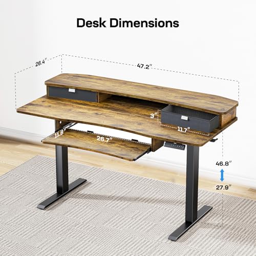 48" x 26" Electric Standing Desk with 2 Drawers & 26.7" Large Keyboard Tray, C-Clamp Mount Compatible, Adjustable Computer Desk for Home Office, Stand Up Desk with 4 Height Presets, Vintage