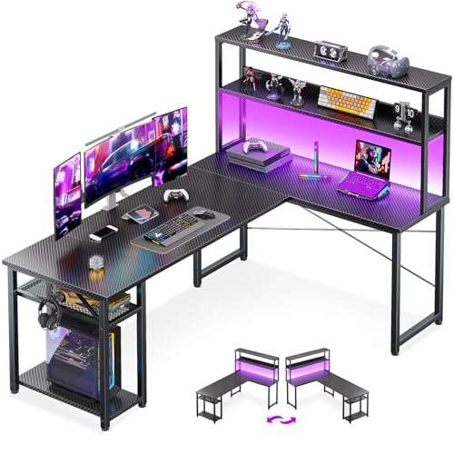 61" L Shaped Gaming Desk with Hutch & Headphone Hook, Corner Computer Table with Storage Shelves for Home Office, Black