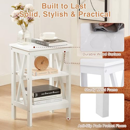 End Table Set of 2, Bedside Table, 24" Tall Living Room End Tables, X-Design Reinforced Nightstands, Side Table with 3-Tier Storage Shelves for Small Spaces, Office, Bathroom, Bedroom, White