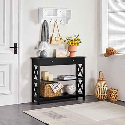 Yaheetech Console Table with Drawer, 39.5 Inch Narrow Sofa Table with Storage Shelves, 3-Tier Wood Entryway Table for Hallway/Living Room/Foyer, Black