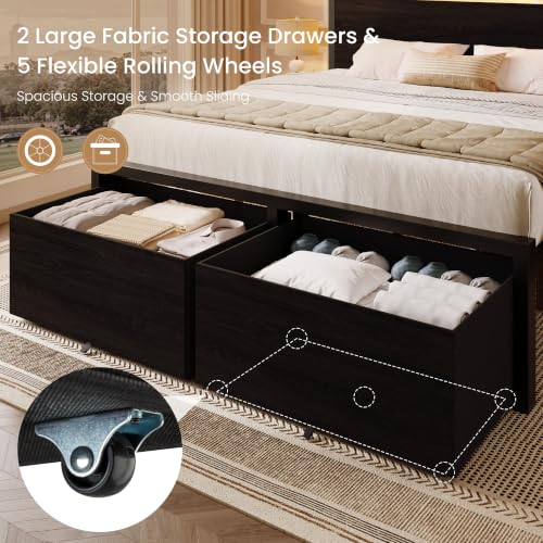 Queen LED Bed Frame, 2 Storage Drawers, Charging Station, Black, view 7
