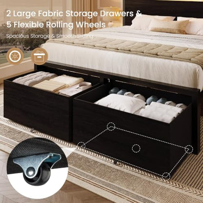 Queen LED Bed Frame, 2 Storage Drawers, Charging Station, Black, view 7
