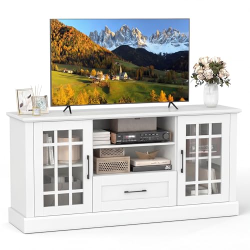 Farmhouse TV Stand for TV up to 65 70 Inches, Tall Media Console Table with 2 Glass Storage Cabinets, 1 Drawer & 2 Open Shelves, Wooden Entertainment Center for Living Room (White)