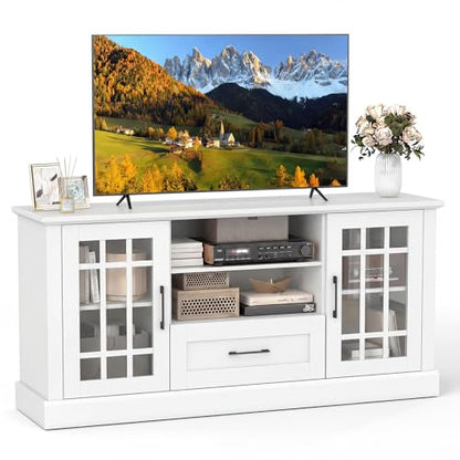 Farmhouse TV Stand for TV up to 65 70 Inches, Tall Media Console Table with 2 Glass Storage Cabinets, 1 Drawer & 2 Open Shelves, Wooden Entertainment Center for Living Room (White)
