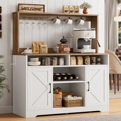 58" Farmhouse Coffee Bar Cabinet with Storage & Power Outlets, White, view 4
