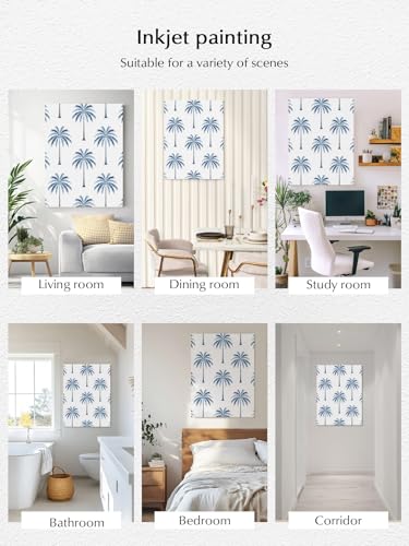 NuYeBiofx Blue Palm Tree Tropical Coastal Canvas Wall Art Prints,48"x32" Framed Picture Artwork Summer Leaves Minimalist Printed Canvas Oil Painting for Living Room Bedroom Office,Ready to Hang