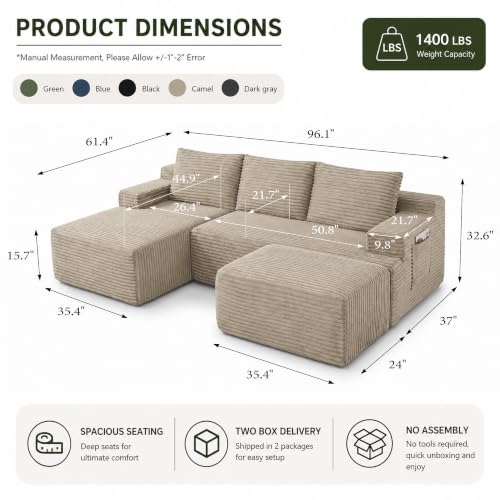 Boneless Cloud Couch in Fluffy Corduroy, view 3