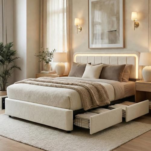 Cloud Queen Bed Frame with Storage, 4 Drawers, Boucle Upholstered, view 2