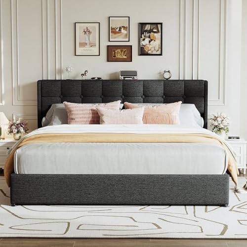 Upholstered King Size Lift Up Storage Bed Frame, Wingback Headboard, view 8