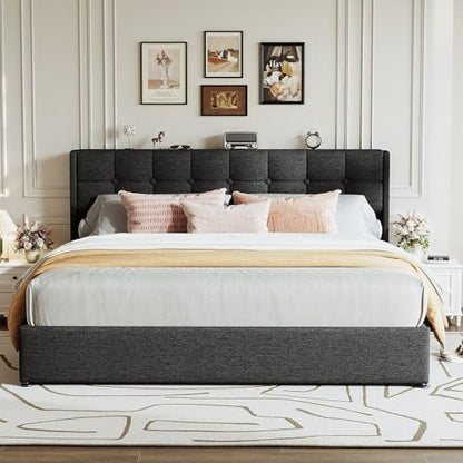 Upholstered King Size Lift Up Storage Bed Frame, Wingback Headboard, view 8