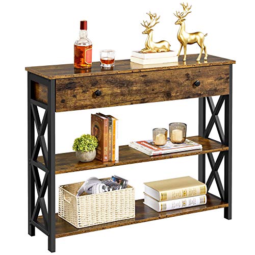 Yaheetech Console Table with Drawer, Sofa Table with Storage Shelves, 39.5 Inch Entryway Tables with Metal Frame, for Living Room, Entryway, Hallway, Rustic Brown