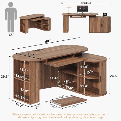 Office L Shaped Computer Desk with Storage Cabinet, Reversible Corner L Desks with Keyboard Tray and Open Shelf, Home Office Executive Desk with Power Outlet for Study Workstation, Walnut 60 Inch