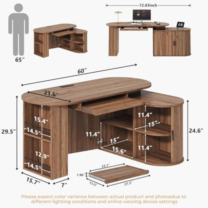 Office L Shaped Computer Desk with Storage Cabinet, Reversible Corner L Desks with Keyboard Tray and Open Shelf, Home Office Executive Desk with Power Outlet for Study Workstation, Walnut 60 Inch