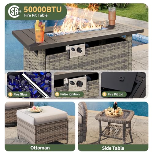 10-Piece Patio Furniture Set with 44” Fire Pit Table, Wicker Rattan Outdoor Sectional Sofa with High Back Swivel Rocker Chairs, Outdoor Patio Furniture Set with Thick Cushions & Ottoman, Grey