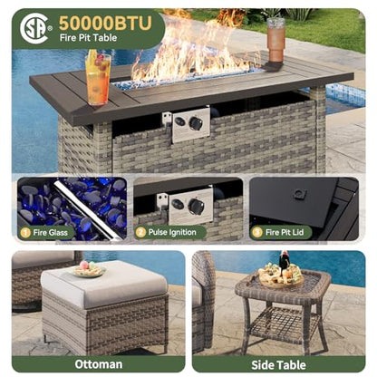 10-Piece Patio Furniture Set with 44” Fire Pit Table, Wicker Rattan Outdoor Sectional Sofa with High Back Swivel Rocker Chairs, Outdoor Patio Furniture Set with Thick Cushions & Ottoman, Grey