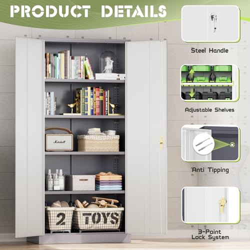72” Metal Storage Cabinet, Lockable File Cabinet with 2 Doors and 4 Adjustabble Shelves,Garage Storage Cabinets for Office, Warehouse, Home, (Grey White