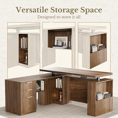 63 Inches L Shaped Standing Desk, Executive Electric Adjustable Desk with Storage Drawers and File Cabinet, AC/USB, 1.18" Thiken Desktop and Privacy Panel for Home Office, Black Walnut